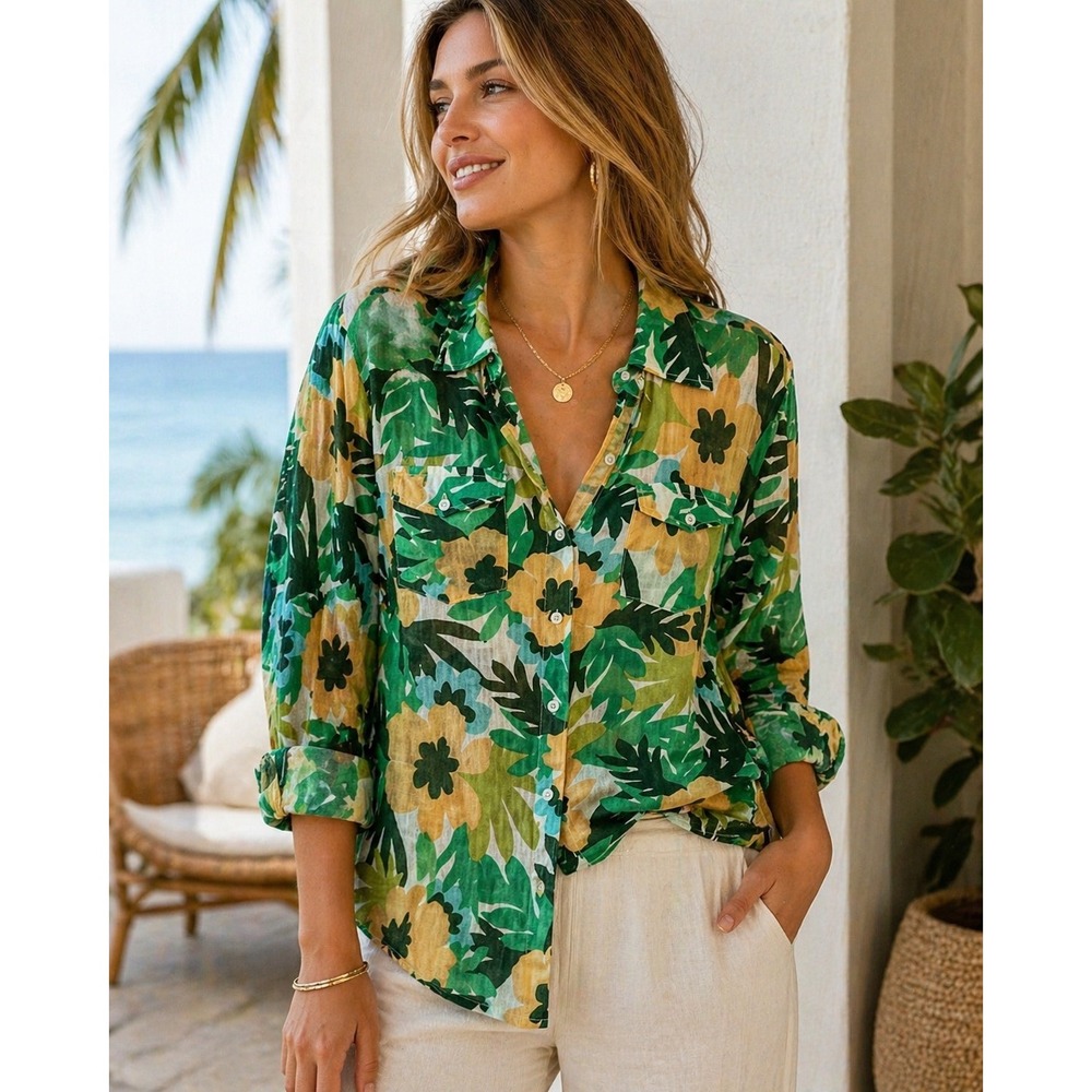 Magazine Tropical Floral Gauze Blouse Green Button Front Boho Top L